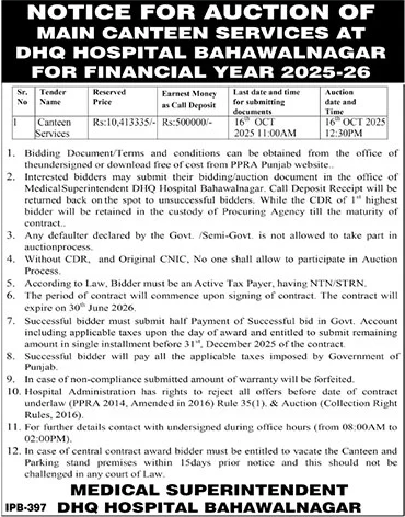 DHQ Hospital Bahawalnagar Tender Notice
